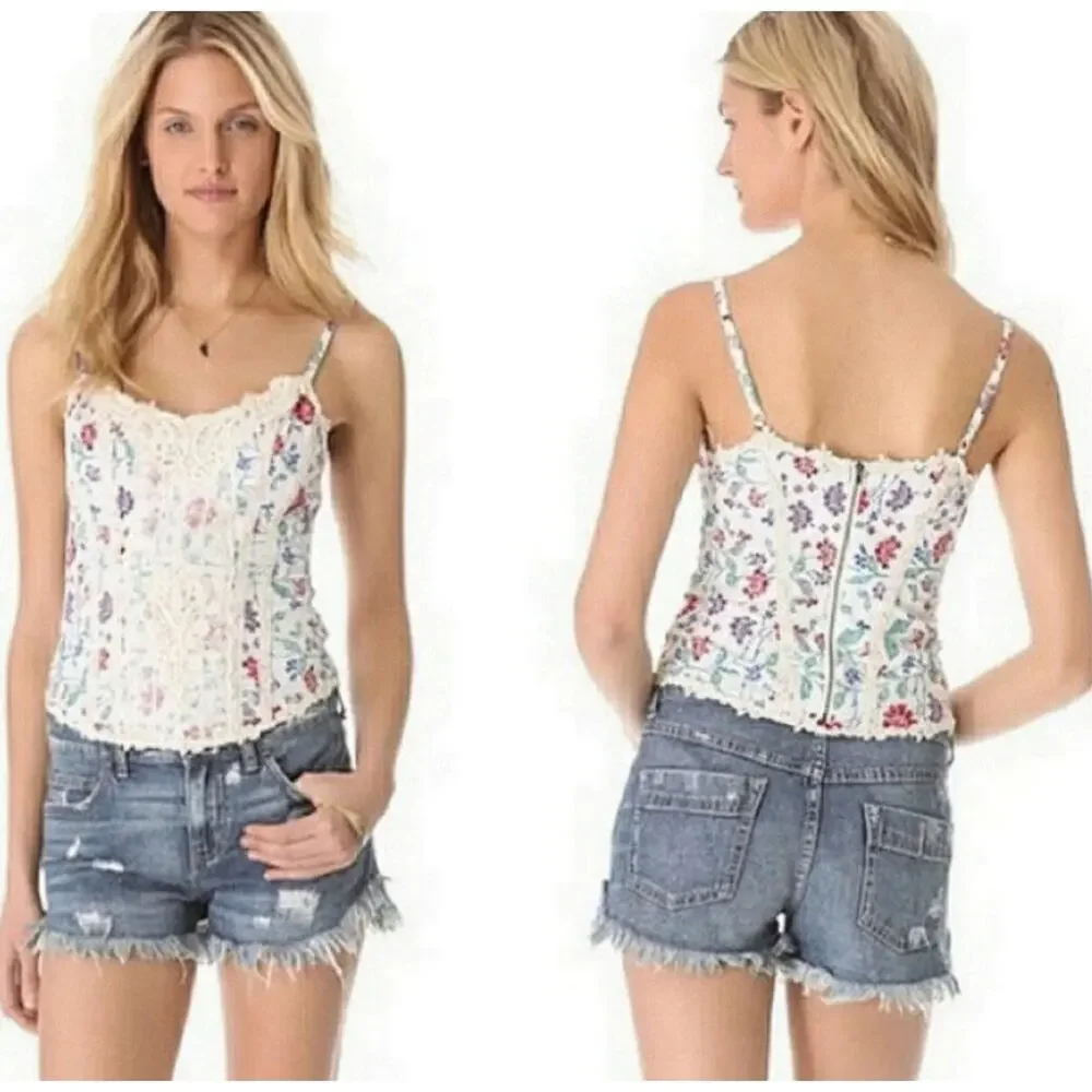 New Free People Miss Lizzy Floral Corset Top $98 SIZE 2 White Zip Lace Detail - Picture 3 of 8